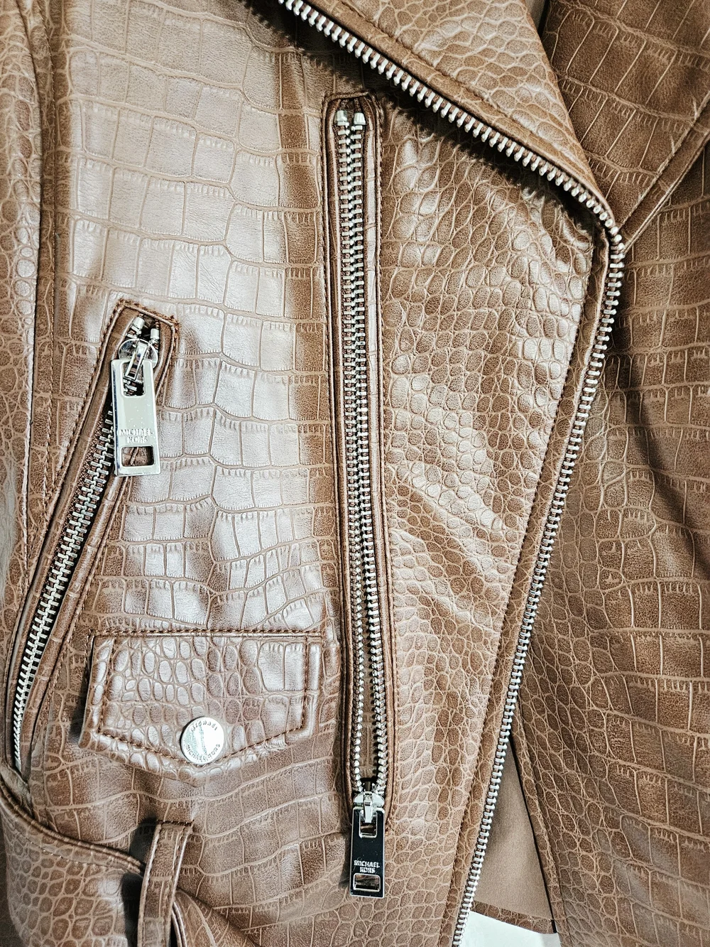 Michael Kors Women's Brown Faux Croc Moto Jacket with Belt
